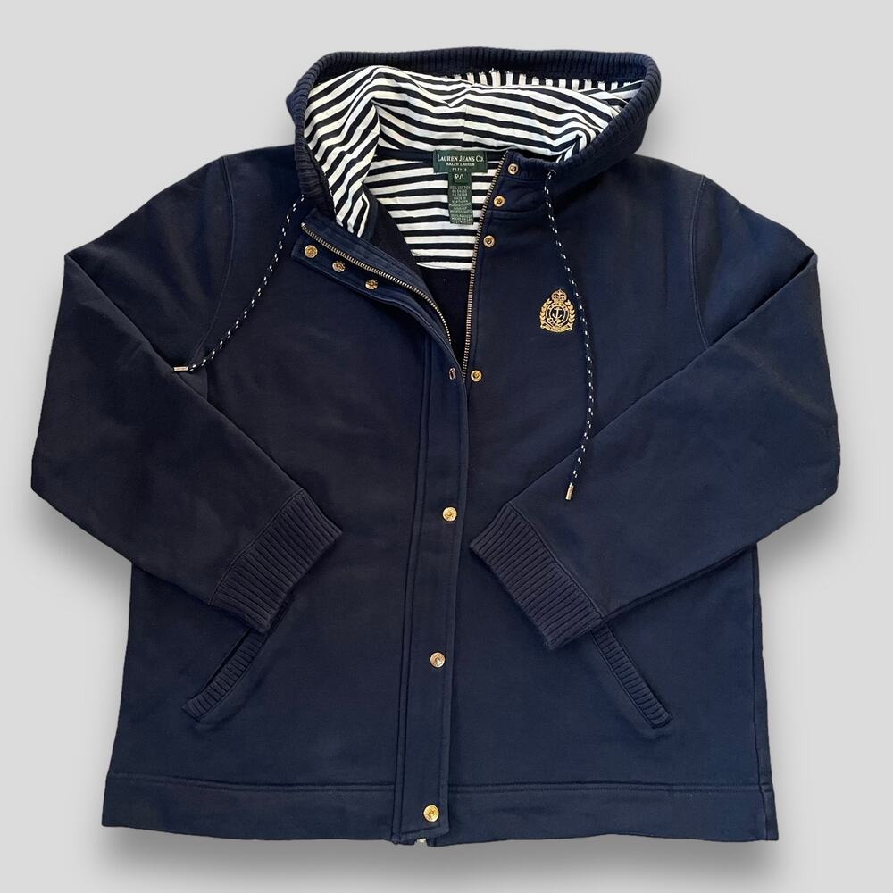 LAUREN JEANS RALPH LAUREN PREPPY NAUTICAL HOODED KNIT JACKET BLUE PETITE LARGE